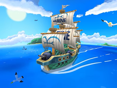 Cartoon Style Marine Ship Sailing On Blue Ocean With White Clouds Seagulls And Island 3d model