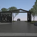 Modern Wooden Entrance Gate With Geometric Design Trees And Cars On Driveway