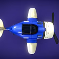 Blue and white toy fighter jet with propeller and single seat cockpit on blue background