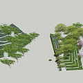Serene Garden Landscape With Lawn Steps Deer Sculptures Flowering Trees And Purple Flowers