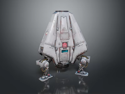 3D Model Spaceship With White Body Red Logo Mechanical Legs Worn Texture And Dark Background 3d model