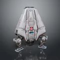 3D Model Spaceship With White Body Red Logo Mechanical Legs Worn Texture And Dark Background