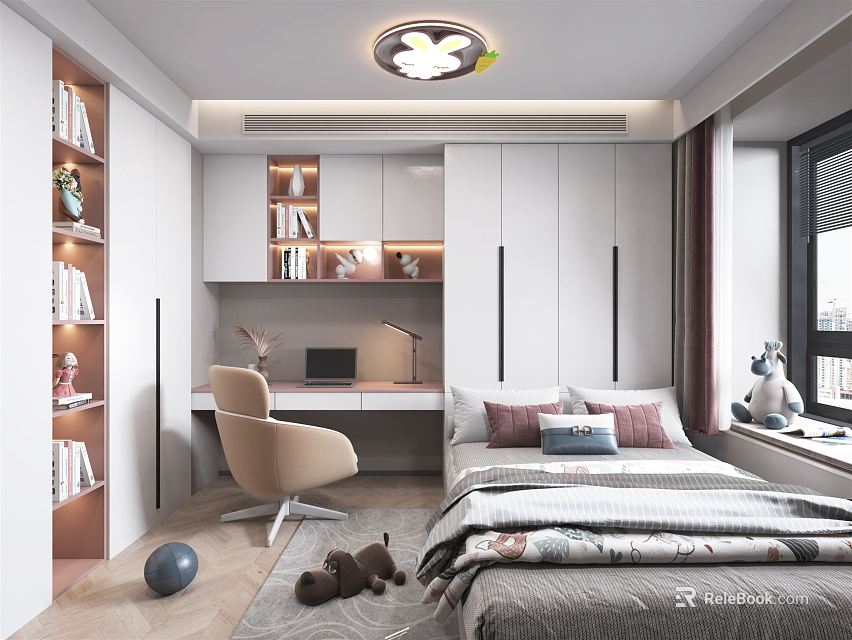 Modern Tatami Bedroom Interior With Tatami Bed Study Desk Integrated Bookshelves And Cozy Chair 3d model 