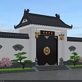 Traditional Chinese Gate With Black Tiled Roof Wooden Plaque Hanging Lanterns Stone Lions And Pink Flowers