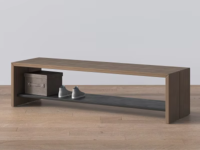 Modern Wooden Storage Bench With Lower Shelf Holding Box And Shoes 3d model