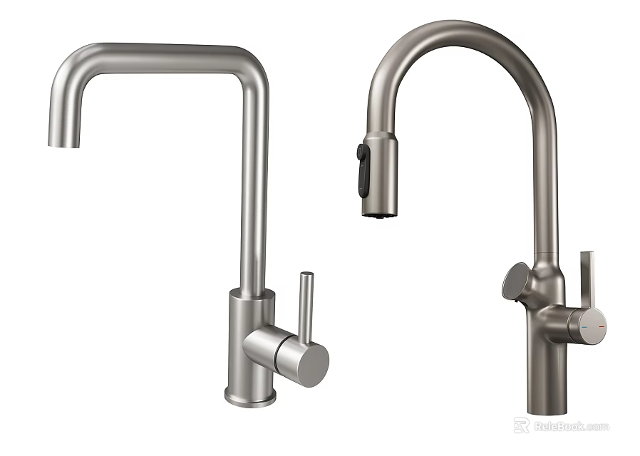 Two Modern Stainless Steel Kitchen Faucets With Curved Spouts And Single Handles 3d model 
