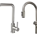 Two Modern Stainless Steel Kitchen Faucets With Curved Spouts And Single Handles