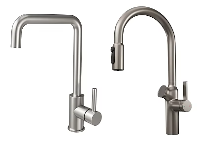 Two Modern Stainless Steel Kitchen Faucets With Curved Spouts And Single Handles 3d model
