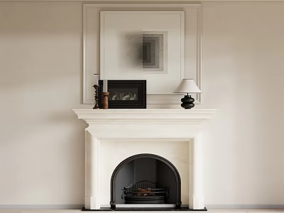 Elegant White Marble Fireplace Interior With Mirror Framed Photo And Table Lamp 3d model