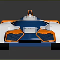 Streamlined Blue White and Orange Race Car with Orange Wheels and Rear Wing