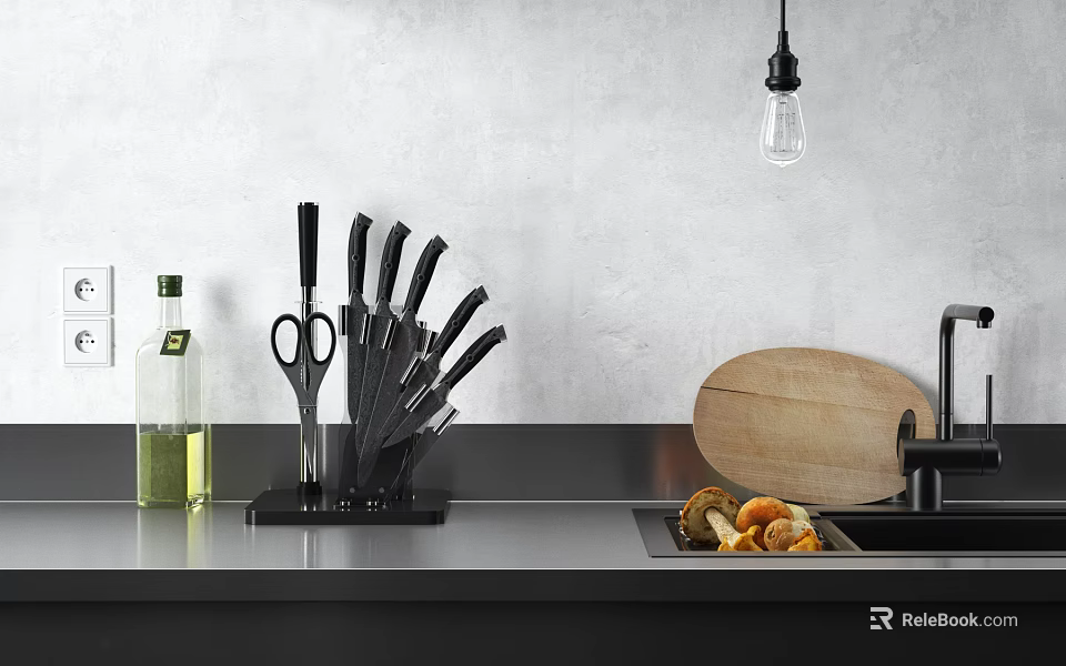 Modern Kitchen Countertop With Knife Set Scissors Wooden Cutting Board And Olive Oil 3d model 