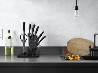 Modern Kitchen Countertop With Knife Set Scissors Wooden Cutting Board And Olive Oil 3d model