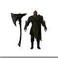 Fantasy Warrior Character In Green Ornate Armor With Helmet And Giant Axe Standing Pose