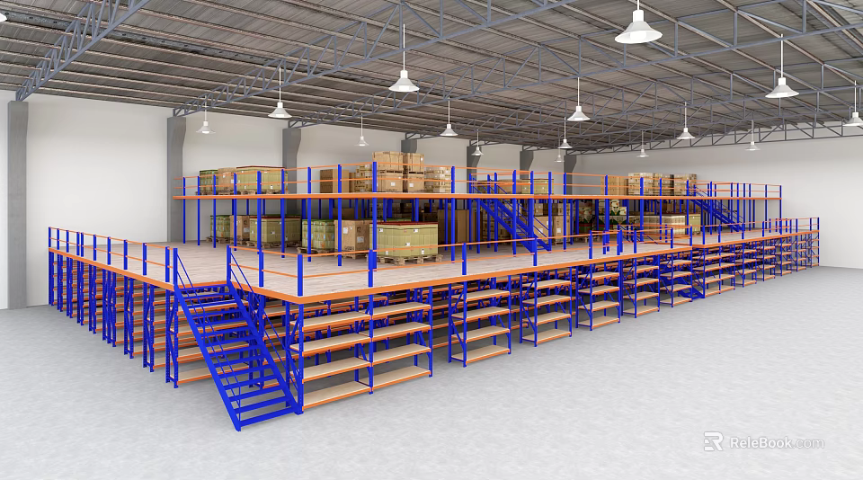 Warehouse Interior With Multiple Shelves Blue Stairs Platform And Stacked Boxes 3d model 