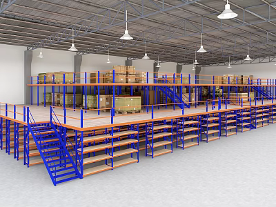 Warehouse Interior With Multiple Shelves Blue Stairs Platform And Stacked Boxes 3d model