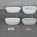 Four White Freestanding Bathtubs in Gray Floor Setting With Bath Mats and Slippers