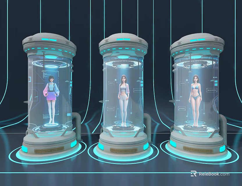 Futuristic Technology Exhibition Hall With Transparent Cylindrical Containers Humanoid Models And Blue Lighting 3d model 