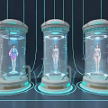 Futuristic Technology Exhibition Hall With Transparent Cylindrical Containers Humanoid Models And Blue Lighting