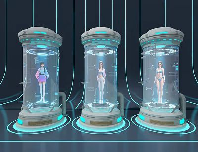 Futuristic Technology Exhibition Hall With Transparent Cylindrical Containers Humanoid Models And Blue Lighting 3d model