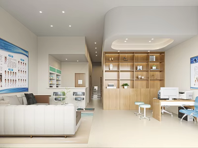 Bright Hospital Outpatient Clinic Interior With Sofa Bookshelves And Desks 3d model