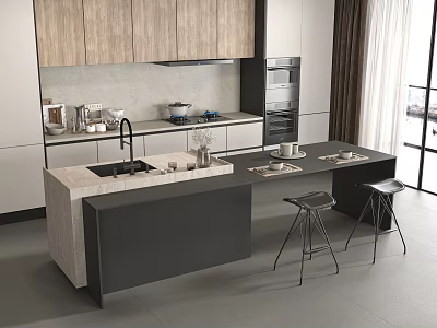 Modern Bar Area Interior Design With Marble Counter Bar Stools And Wooden Cabinets 3d model