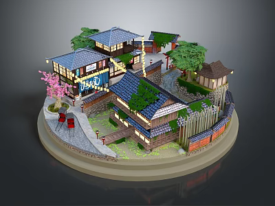 Cartoon Scene of Chinese Traditional Architecture With Cherry Blossom Trees Stone Path and Wooden Fence 3d model