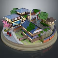 Cartoon Scene of Chinese Traditional Architecture With Cherry Blossom Trees Stone Path and Wooden Fence