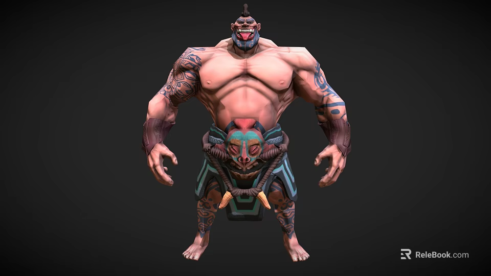 Game Movie Character Muscular Male with Tattoos Mask Tribal Decorations and Shorts 3d model 