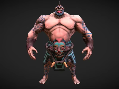 Game Movie Character Muscular Male with Tattoos Mask Tribal Decorations and Shorts 3d model
