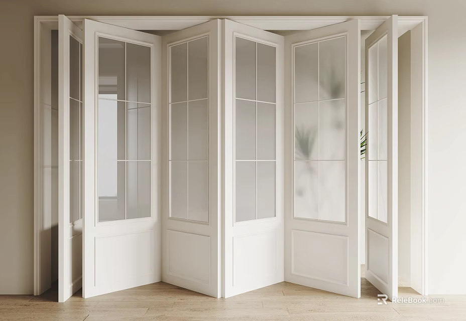White Folding Doors With Glass Panels Open In Modern Room Wooden Floor 3d model 