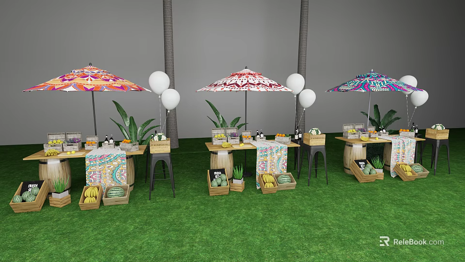 Outdoor Party Setup on Green Lawn With Colorful Umbrellas White Balloons Tables Drinks and Fruits 3d model 