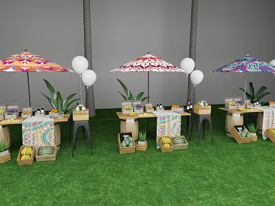Outdoor Party Setup on Green Lawn With Colorful Umbrellas White Balloons Tables Drinks and Fruits 3d model