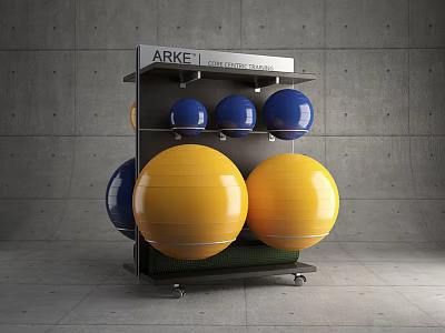 Sports Equipment Display Rack Featuring Colorful Fitness Balls In Indoor Setting 3d model