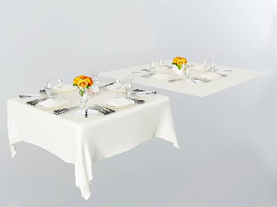 Elegant Dinnerware Set with White Tablecloth Wine Glasses and Yellow Flowers 3d model