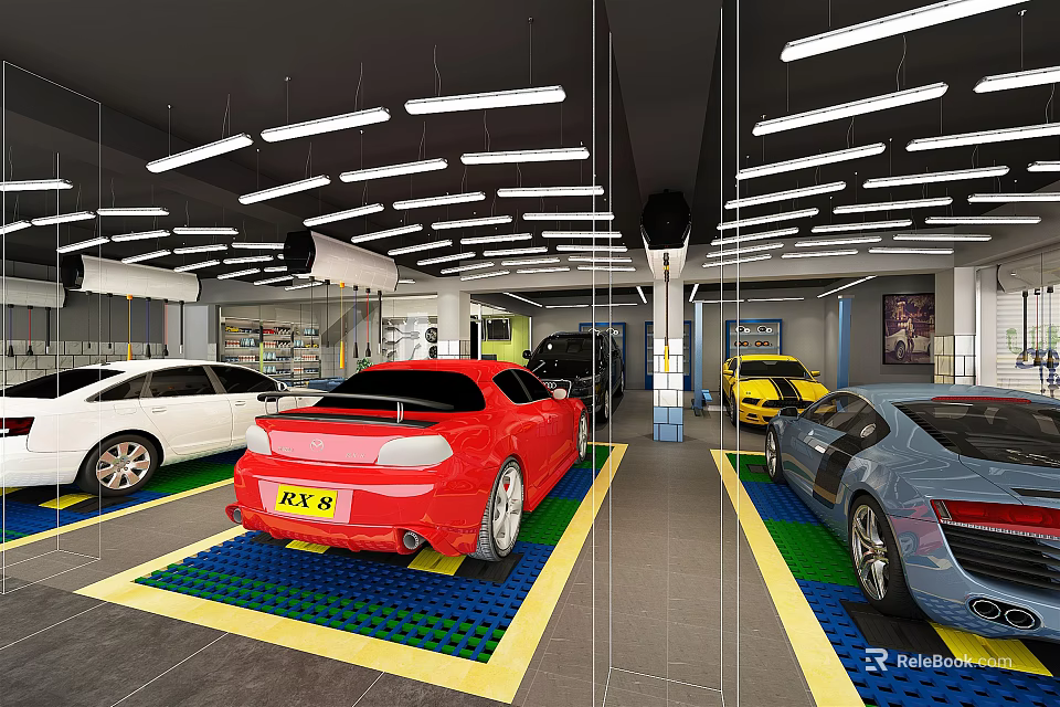 4S Car Dealership Indoor Showroom With Various Cars On Colored Grid Mats Under Bright Lights 3d model 