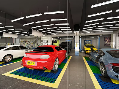 4S Car Dealership Indoor Showroom With Various Cars On Colored Grid Mats Under Bright Lights 3d model