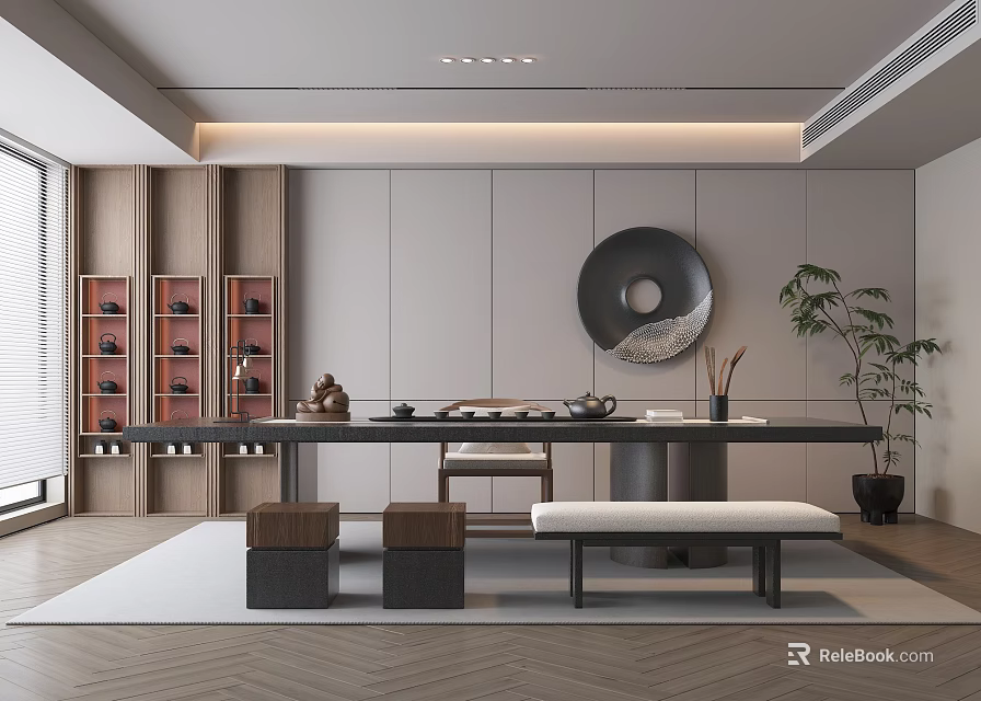 Modern Tea Room Interior With Long Table Wooden Stools Bench Circular Decor And Potted Plant 3d model 