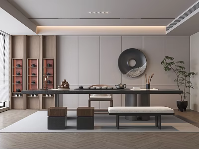 Modern Tea Room Interior With Long Table Wooden Stools Bench Circular Decor And Potted Plant 3d model