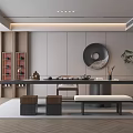 Modern Tea Room Interior With Long Table Wooden Stools Bench Circular Decor And Potted Plant