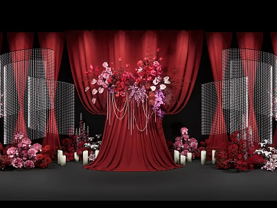 Elegant Wedding Decor With Red Curtains Flower Arrangements And Candles 3d model
