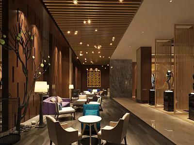 Elegant Hotel Lobby Interior With Wooden Ceiling Chandeliers Seating Area And Decorative Tree 3d model