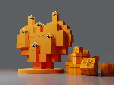 Orange Cubes Art Installation with Small Flowers and Gift Boxes 3d model