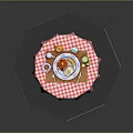 Wooden Round Dining Table Set With Red White Checkered Tablecloth Dishes And Breakfast Items