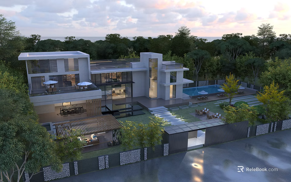 Modern Single Family Villa Exterior Design With Swimming Pool Lush Trees And Open Terrace 3d model 