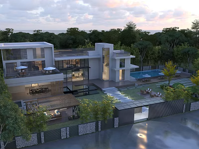 Modern Single Family Villa Exterior Design With Swimming Pool Lush Trees And Open Terrace 3d model
