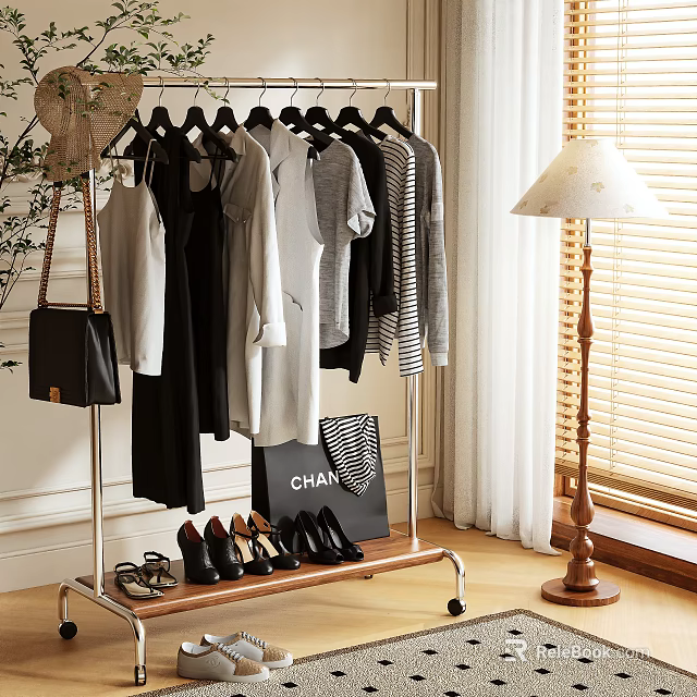 Stylish Clothing Rack With Hanging Clothes Fashionable Bag And Shoes In Indoor Setting 3d model 