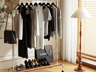 Stylish Clothing Rack With Hanging Clothes Fashionable Bag And Shoes In Indoor Setting 3d model