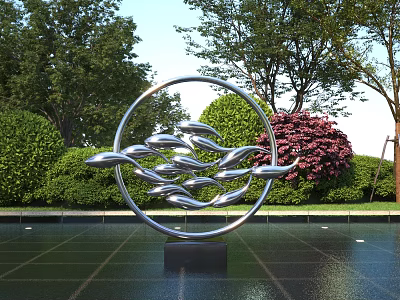 Garden Landscape Featuring Circular Metal Sculpture Wavy Design Green Shrubs Purple Plants And Paved Ground 3d model