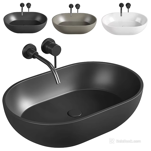 Black Oval Shaped Washbasin with Faucet and Small Washbasins in Different Colors Above 3d model 