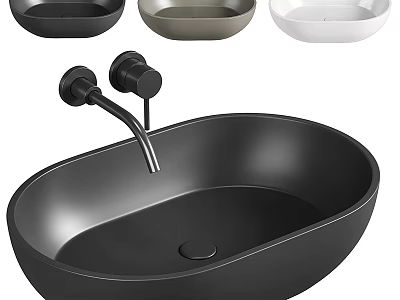 Black Oval Shaped Washbasin with Faucet and Small Washbasins in Different Colors Above 3d model